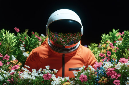 astronaut exploring vibrant flower garden at nightの素材