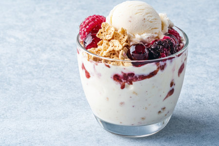 Delicious dessert with ice cream, berries, and cerealの素材