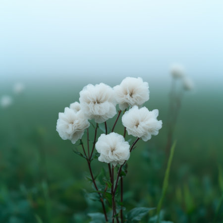 Delicate white flowers in a misty fieldの素材