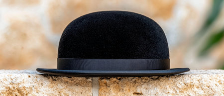 black bowler hat on stone surfaceの素材