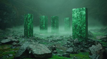 Mysterious green monoliths in surreal landscapeの素材