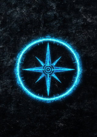 Glowing compass rose on dark backgroundの素材