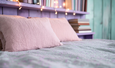 cozy bedroom with string lights and booksの素材