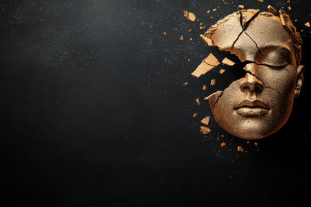 Broken stone face on dark backgroundの素材