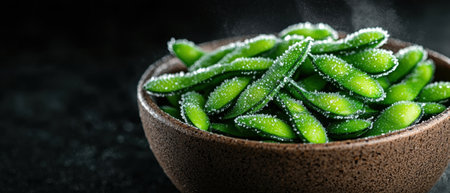 Freshly picked green chili peppers in a wooden bowlの素材