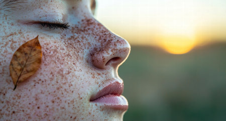 close-up of freckled face with closed eyes and leafの素材