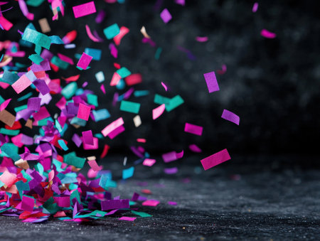 Colorful confetti explosion on dark backgroundの素材