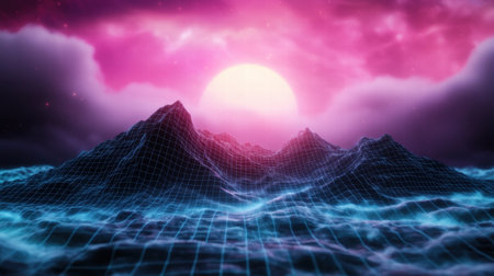 Surreal mountain landscape under a glowing pink skyの素材