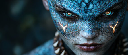 Intense blue-scaled creature with glowing eyesの素材
