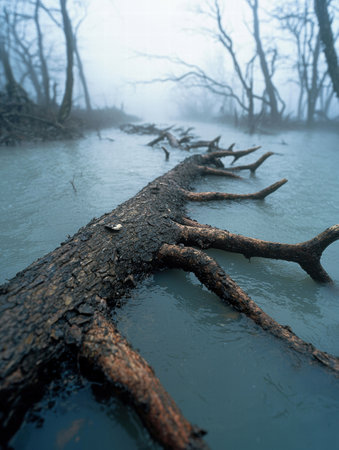 Fallen tree branches in a misty forest streamの素材