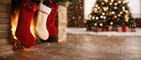 cozy christmas scene with stockings and christmas treeの素材