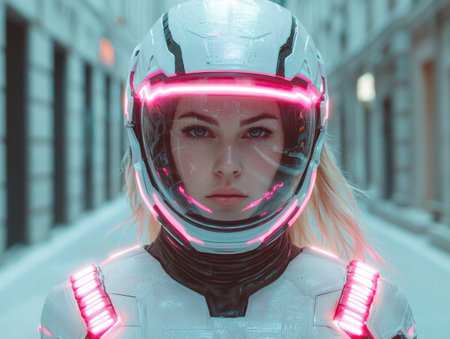 futuristic woman in space suit with pink lightsの素材