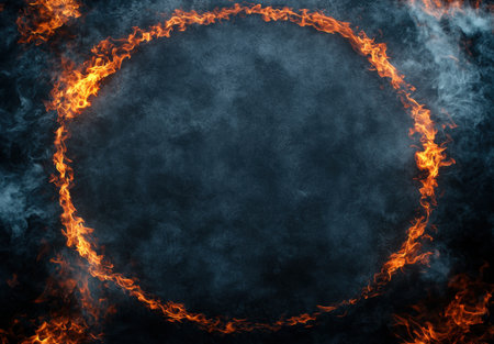 Fiery circular frame with dark backgroundの素材