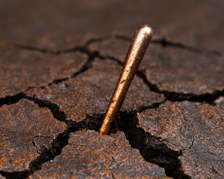 Rusty nail protruding from cracked earthの素材
