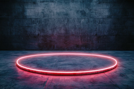 Glowing neon circle on dark concrete floorの素材