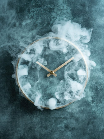 Mysterious smoke-filled clock on dark backgroundの素材