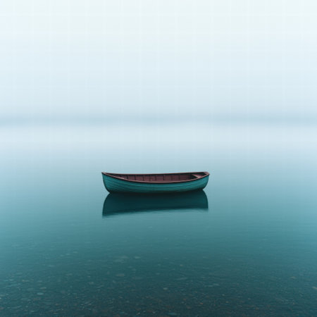 Serene boat on a misty lakeの素材