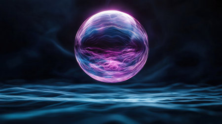 Glowing energy sphere floating over serene oceanの素材