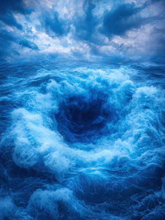 Powerful ocean waves crashing against the stormy skyの素材