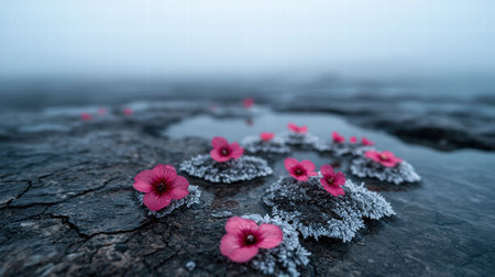 Vibrant pink flowers against a moody, misty backdropの素材
