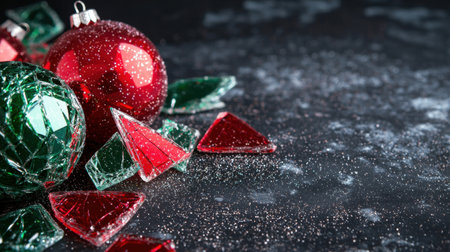 Sparkling red and green christmas ornaments on dark backgroundの素材