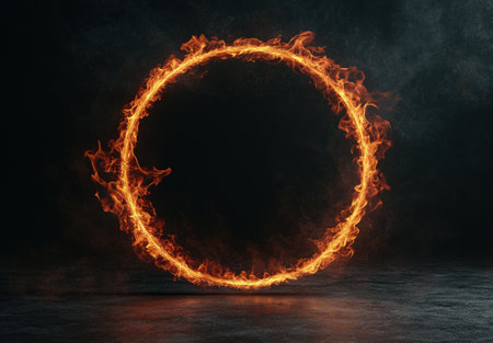Fiery ring of flames on dark backgroundの素材