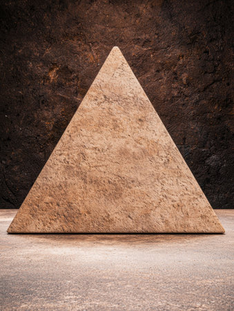 Minimalist geometric stone pyramid on wooden surfaceの素材