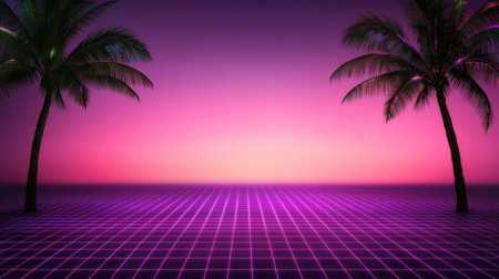 Vibrant tropical sunset with palm trees and grid patternの素材