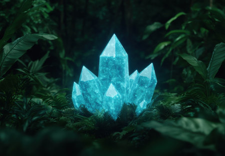 Glowing crystal formation in lush jungleの素材