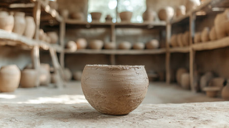 Handcrafted pottery on rustic shelvesの素材