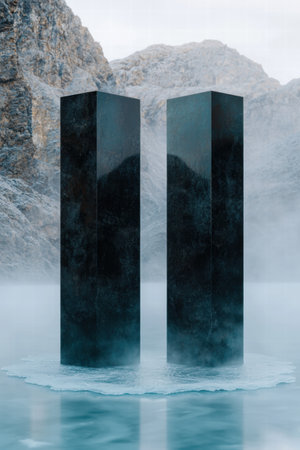 Mysterious black monoliths in serene mountain lakeの素材