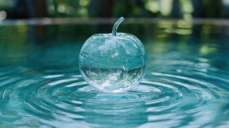 transparent glass apple floating on waterの素材