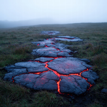 Glowing volcanic rock path in misty landscapeの素材