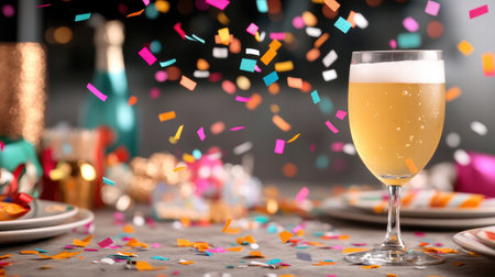 Colorful confetti and champagne glass for celebrationの素材