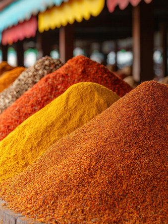 Vibrant spices and seasonings on displayの素材