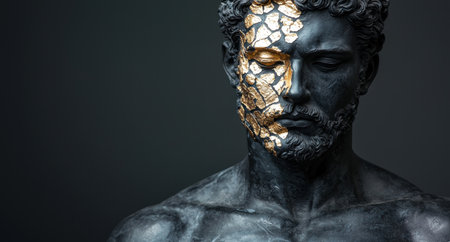 Dramatic portrait of a cracked and gilded faceの素材