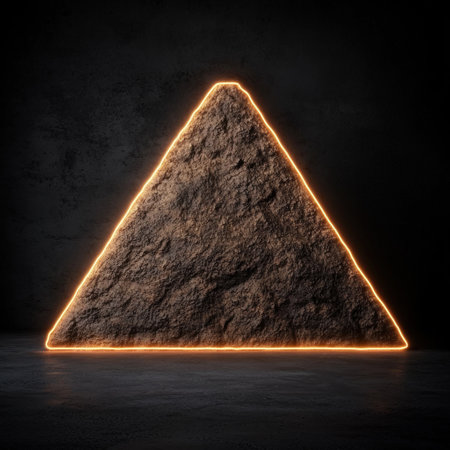 Glowing triangular rock formation in dark environmentの素材