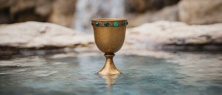 Ornate golden chalice reflecting in serene watersの素材