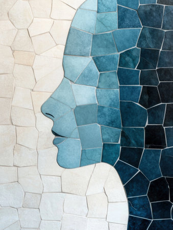 abstract mosaic tile pattern in shades of blue and whiteの素材