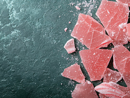 Frozen pink crystal shards on icy surfaceの素材
