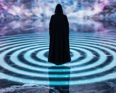 Mysterious hooded figure standing on a glowing platformの素材