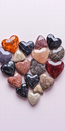 Assorted heart-shaped gemstones and crystalsの素材