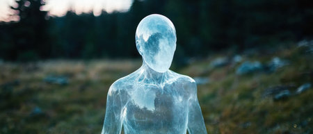 Mysterious glowing figure in a dark forestの素材