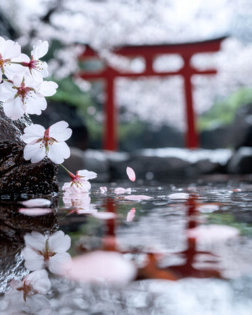 Tranquil Japanese garden with cherry blossoms and torii gateの素材