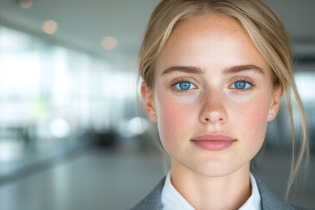 Thoughtful young woman with blue eyes and frecklesの素材
