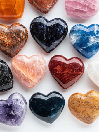 Colorful heart-shaped gemstones and crystalsの素材