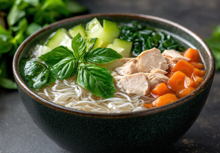 Delicious asian noodle soup with chicken and vegetablesの素材