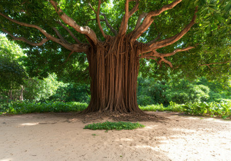Majestic ancient tree with intricate roots in lush green forestの素材