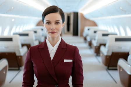 professional flight attendant in uniform on airplaneの素材