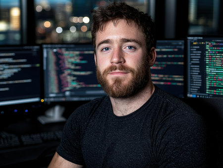 Portrait of a bearded man in a dark room with computer screensの素材